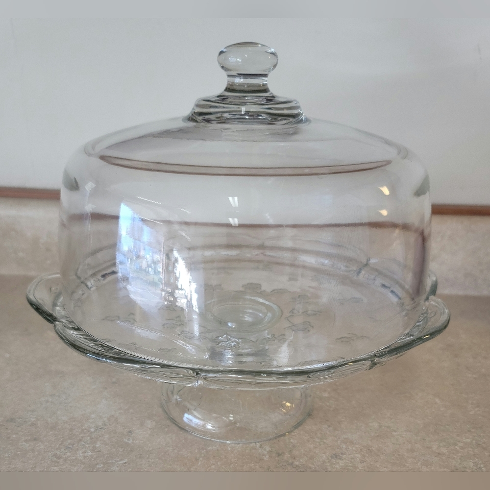 Beautiful Glass Cake Plate with Covered Dome Floral Print VNTG